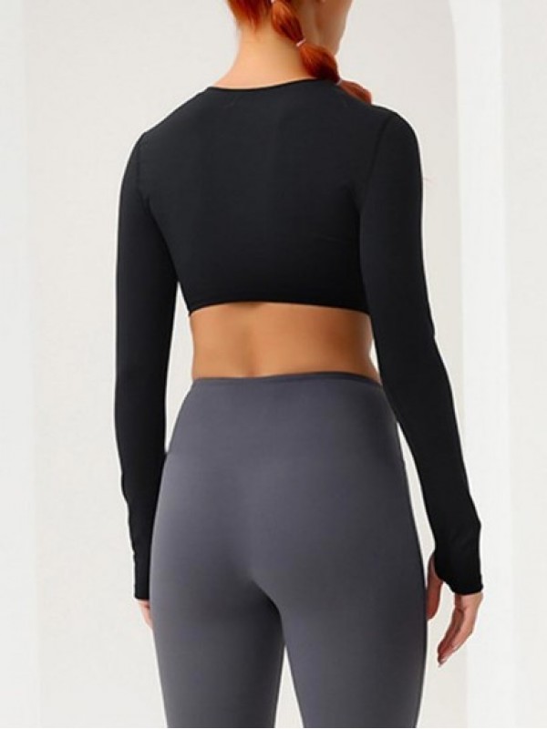 Solid Color Basic Sports Crop Top With Thumb Hole Solid Color Basic Sports Crop Top With Thumb Hole