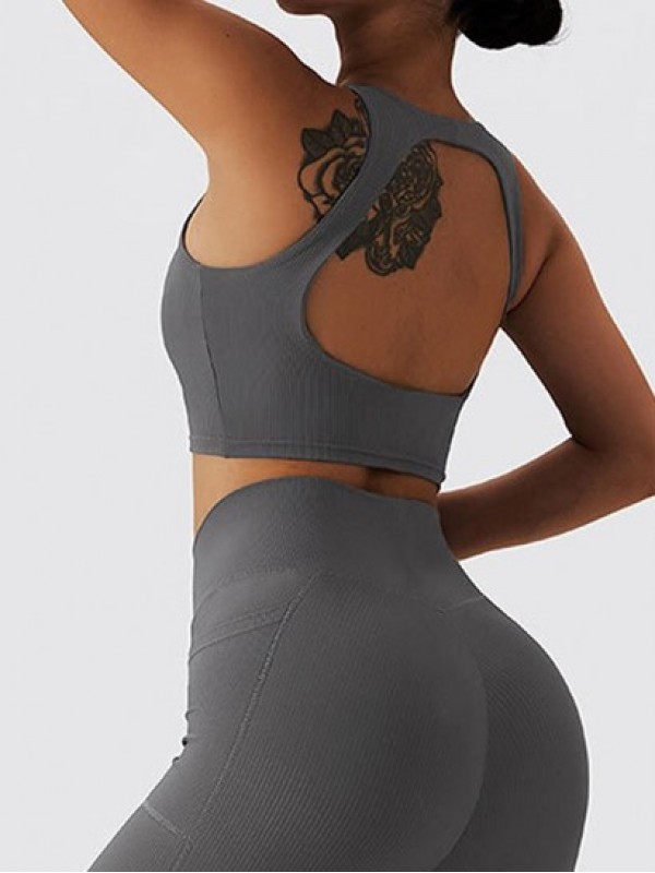 Solid Color Back Cut Out Design Ribbed Yoga Crop Tank Top Solid Color Back Cut Out Design Ribbed Yoga Crop Tank Top