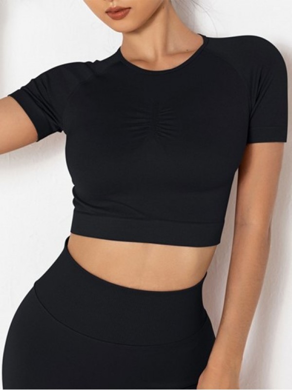 Ruched Seamless Knit Solid Color Short Sleeve Sport Top Ruched Seamless Knit Solid Color Short Sleeve Sport Top