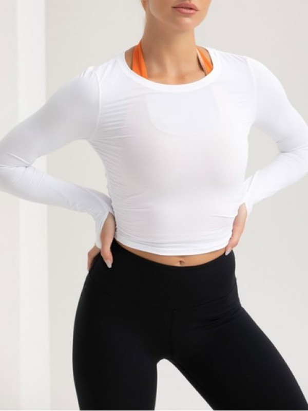 Side Ruched Design Solid Color Yoga Top With Thumb Hole Side Ruched Design Solid Color Yoga Top With Thumb Hole