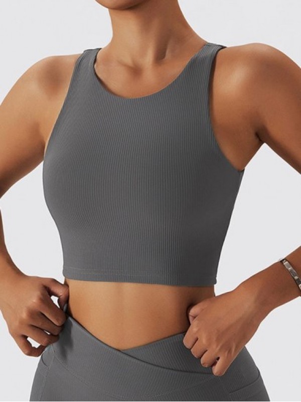 Solid Color Back Cut Out Design Ribbed Yoga Crop Tank Top Solid Color Back Cut Out Design Ribbed Yoga Crop Tank Top