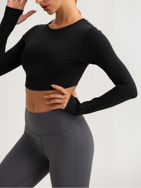 Solid Color Basic Sports Crop Top With Thumb Hole Solid Color Basic Sports Crop Top With Thumb Hole