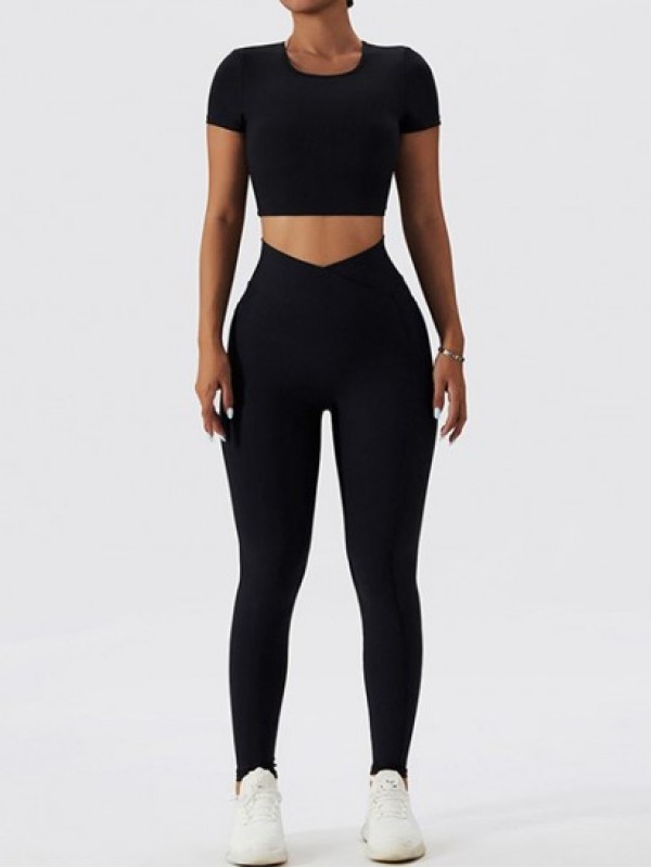 Cutout Backless Sexy Textured Padded Plain Short Sleeves Cropped Sports Yoga Tee